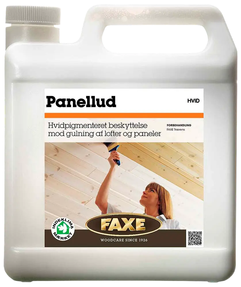 Hvid plastdunk med Faxe Panellud, hvidpigmenteret beskyttelse til lofter og paneler, med skruelåg og håndtag, produktetiket og billede af påføring på forsiden.