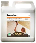 Hvid plastdunk med Faxe Panellud, hvidpigmenteret beskyttelse til lofter og paneler, med skruelåg og håndtag, produktetiket og billede af påføring på forsiden.