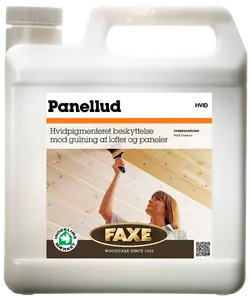 Hvid plastdunk med Faxe Panellud, hvidpigmenteret beskyttelse til lofter og paneler, med skruelåg og håndtag, produktetiket og billede af påføring på forsiden.