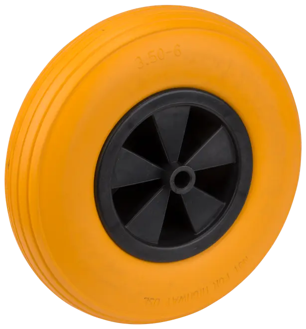 Massivt gult polyuretanhjul med svart plastnav, passar till vagnar. Hållbar, punkteringsfri design, cirka storlek 3.50-6, lätt och underhållsfri.