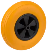 Massivt gult polyuretanhjul med svart plastnav, passar till vagnar. Hållbar, punkteringsfri design, cirka storlek 3.50-6, lätt och underhållsfri.
