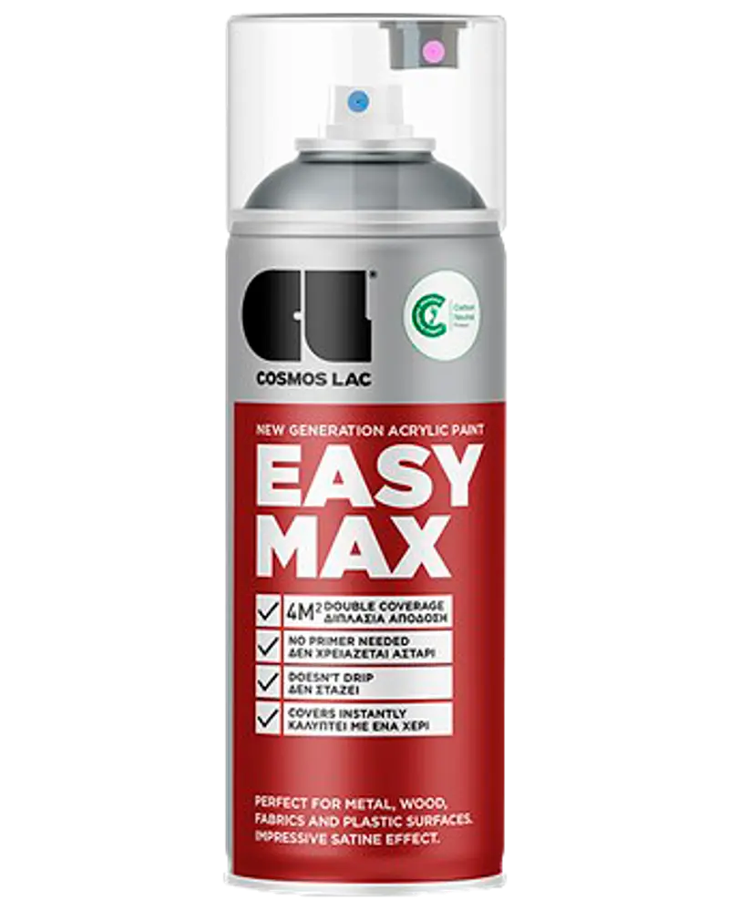 Cosmos Lac Easy Max akrylspraymaling, 400 ml dåse, egnet til metal, træ, stof og plast. Dobbelt dækkeevne, ingen primer nødvendig, satin finish, øjeblikkelig påføring.