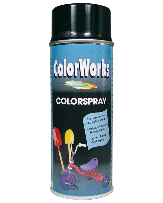 En dåse ColorWorks Colorspray, egnet til indendørs og udendørs brug, hurtigtørrende, med sort låg og etiket med malede legetøj og redskaber.