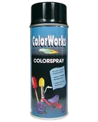En dåse ColorWorks Colorspray, egnet til indendørs og udendørs brug, hurtigtørrende, med sort låg og etiket med malede legetøj og redskaber.