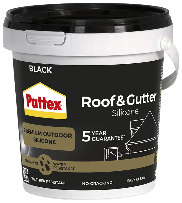 Sort Pattex Roof & Gutter silikone, premium udendørs silikone, 5 års garanti, vejrbestandig, revner ikke, nem rengøring, vandafvisende, plastspand med hank, til tag og tagrender.