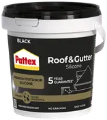 Sort Pattex Roof & Gutter silikone, premium udendørs silikone, 5 års garanti, vejrbestandig, revner ikke, nem rengøring, vandafvisende, plastspand med hank, til tag og tagrender.