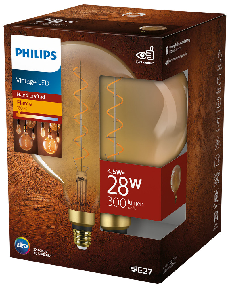 PHILIPS LED-lampa filament 4,5W E27 G200 guld