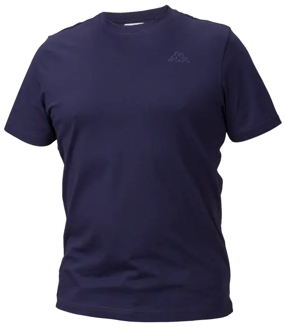 Marinblå herr-t-shirt med kort ärm, rund halsringning, normal passform och liten Kappa-logga på vänster bröst. Tillverkad i mjuk bomull.