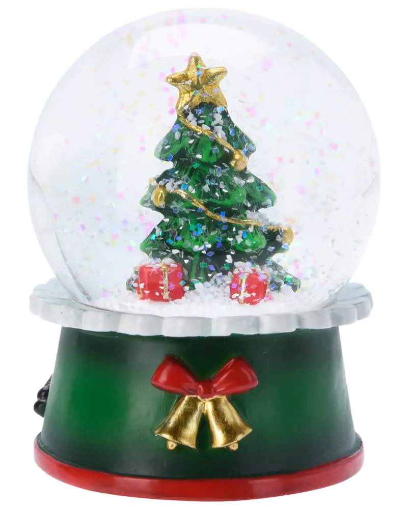 Julig snöglob med dekorerad gran, gul stjärna, röda paket och glitter. Grön bas med gyllene klockor och rött band. Festlig dekoration.