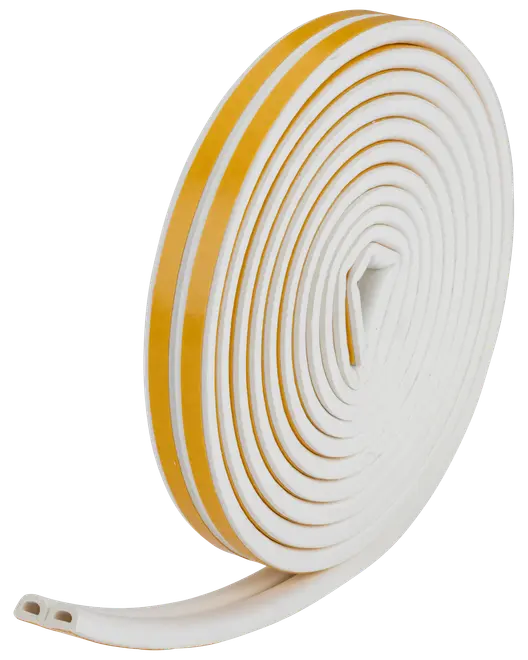 Hvidt skum tætningsbånd på rulle med gul aftagelig strimmel, D-formet profil, selvklæbende bagside, bruges til at forsegle døre og vinduer mod træk og fugt.