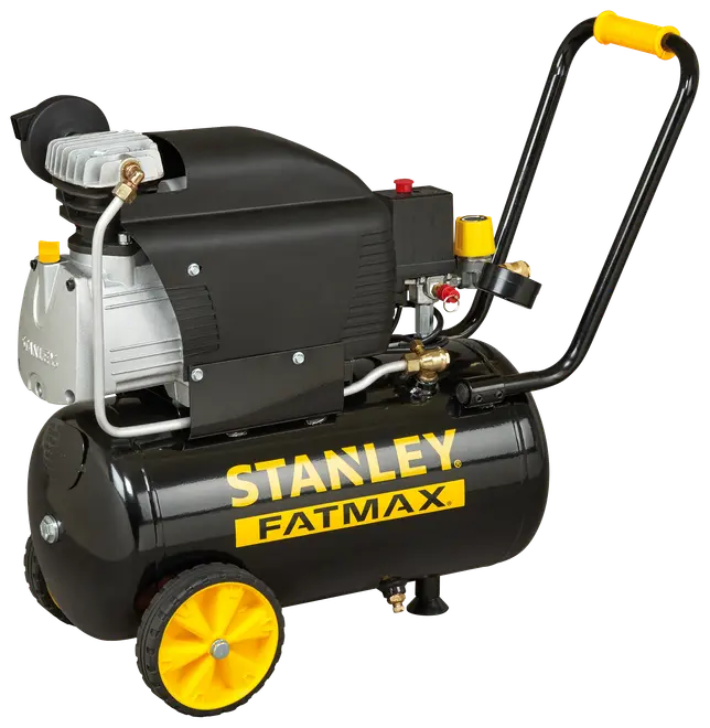 Stanley Fatmax kompressor i svart och gult, stora hjul, robust handtag och synliga tryckmätare. Portabel, kraftfull modell för olika tryckluftsverktyg och uppgifter.