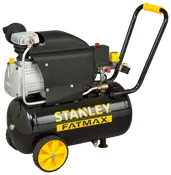 Stanley Fatmax kompressor i svart och gult, stora hjul, robust handtag och synliga tryckmätare. Portabel, kraftfull modell för olika tryckluftsverktyg och uppgifter.