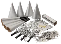 Silverfärgat festkit med konhattar, tutor, tallrikar, servetter, konfetti och silverstreamer. Perfekt för fest, alla delar har blank metallisk finish.