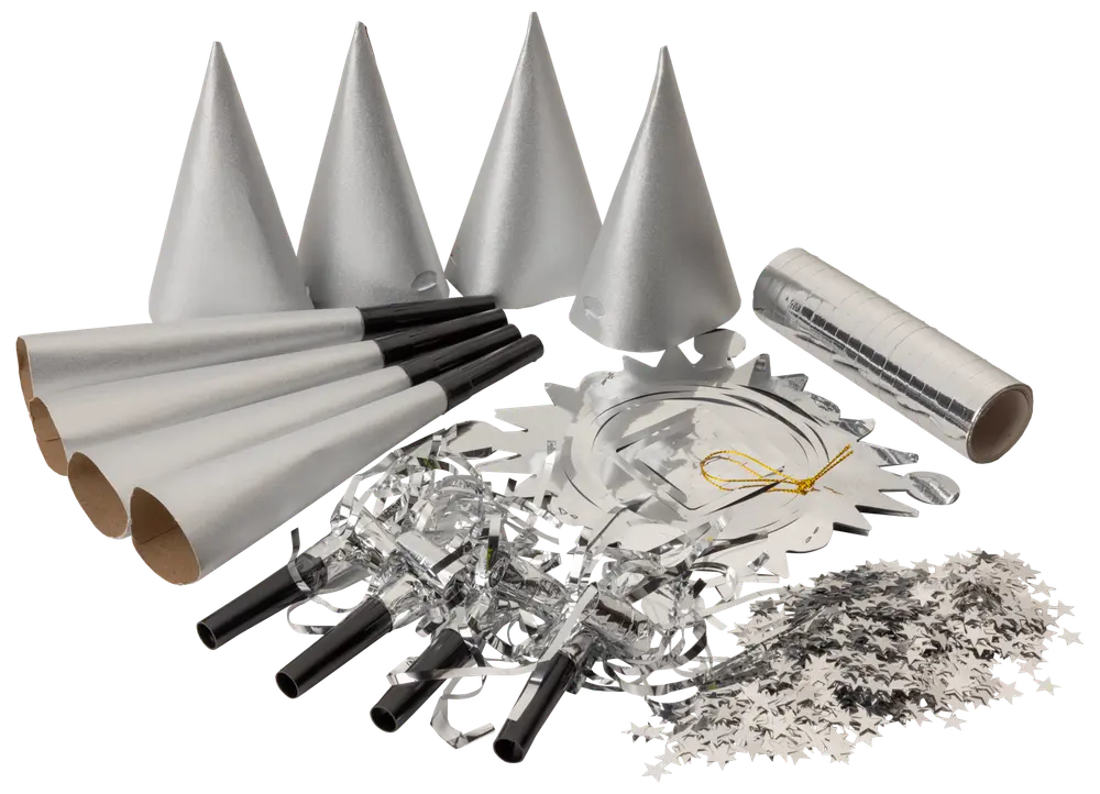 Silverfärgat festkit med konhattar, tutor, tallrikar, servetter, konfetti och silverstreamer. Perfekt för fest, alla delar har blank metallisk finish.