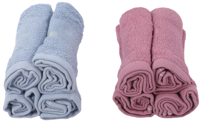 Sæt med otte rullede vaskeklude, fire lyseblå og fire lyserøde, lavet af blødt, absorberende stof. Velegnet til daglig brug, skånsom mod huden.