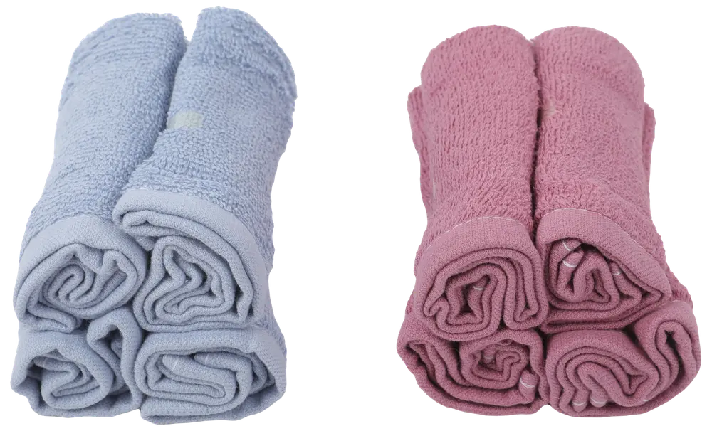 Sæt med otte rullede vaskeklude, fire lyseblå og fire lyserøde, lavet af blødt, absorberende stof. Velegnet til daglig brug, skånsom mod huden.