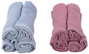 Sæt med otte rullede vaskeklude, fire lyseblå og fire lyserøde, lavet af blødt, absorberende stof. Velegnet til daglig brug, skånsom mod huden.