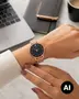 Rosenfarvet mesh-ur med rund sort minimalistisk urskive, slanke markeringer og matchende metalurkasse og rem. - Billedet er skabt med AI