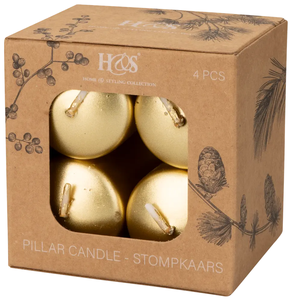 Æske med fire gyldne søjlelys, rund form, synlige væger. Pakket i brun papæske med botaniske illustrationer og vindue, der viser lysene.