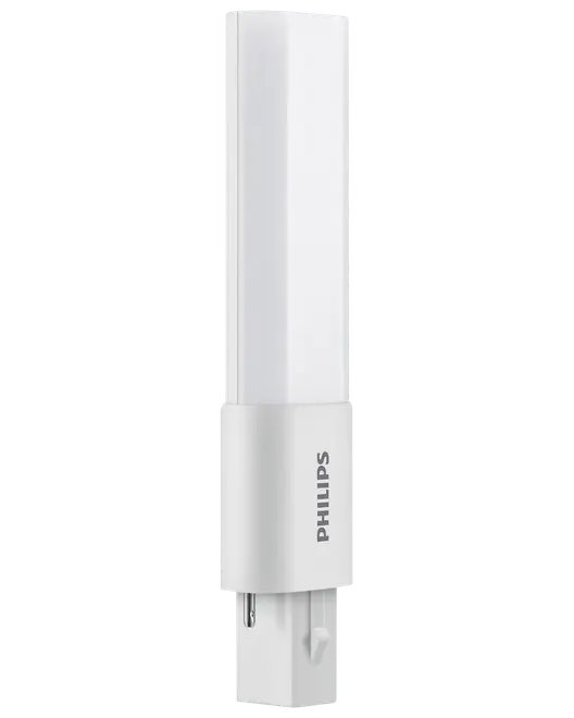Philips LED PL-C pære, rørformet design, hvidt kabinet, matteret dække, tobenet sokkel for nem installation, energieffektiv erstatning for kompaktlysstofrør, egnet til indendørs belysning.
