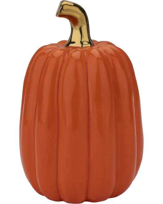 Keramisk græskarpynt med blank orange overflade og skinnende guldfarvet stilk. Høj, rillet form, perfekt til efterårs- eller Halloween-dekoration.