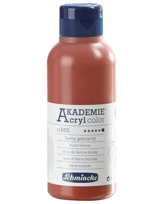 500 ml flaska Schmincke Akademie Acryl Color akrylfärg i bränd sienna. Bred blå kork och tydlig etikett med produktinformation på flera språk.
