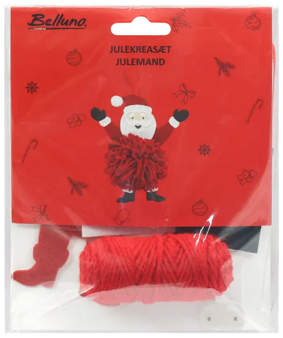 Julpysselset för att skapa en tomte. Innehåller rött garn, filt och tillbehör. Förpackad i röd påse med julmotiv och instruktioner.