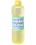 Gennemsigtig gul Bubble Blow-flaske med gul låg og blå etiket, fyldt med bobleopløsning.