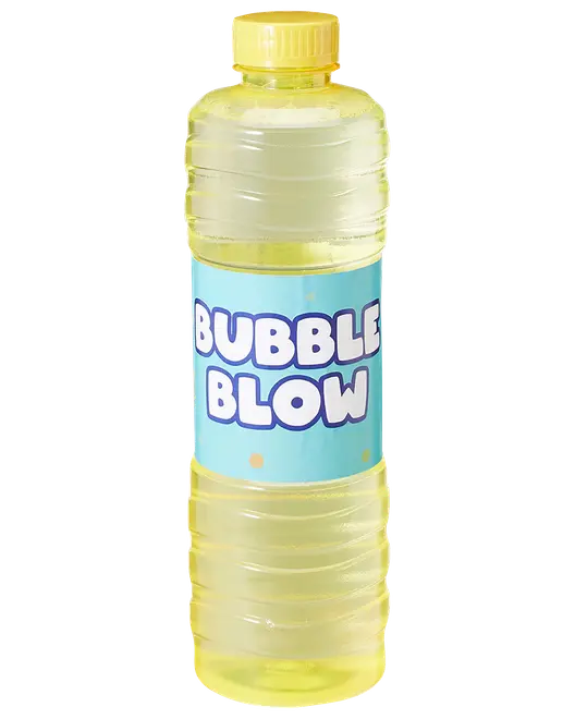 Gennemsigtig gul Bubble Blow-flaske med gul låg og blå etiket, fyldt med bobleopløsning.