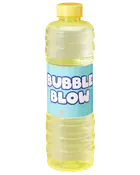 Genomskinlig gul Bubble Blow-flaska med gult lock och blå etikett, fylld med bubbelvätska.