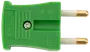 Grøn tobenet europæisk stikadapter med guldbelagte spidser, mærket 'EZ Line'. Lavet af plast, har en centralskrue til fastgørelse af ledninger, egnet til 16A, 250V.