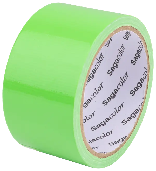 Rulle med skinnende neongrøn selvklæbende tape og papkerne.