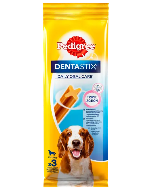 Pedigree DentaStix Daily Oral Care tyggepinde til hunde, triple action, til hunde 10-25 kg, gul og blå emballage med hundebillede.