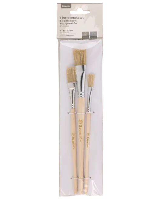 Sæt med tre flade pensler med naturtræskaft og lyse børster, størrelser 9, 13 og 20 mm, pakket i klar plastlomme til nem opbevaring.