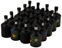 Förpackning med 20 svarta cylindriska partybomber med färgglada fyrverkerimönster, dragmekanism på toppen, engångsbruk, sprider konfetti vid aktivering, perfekt för festliga tillfällen.