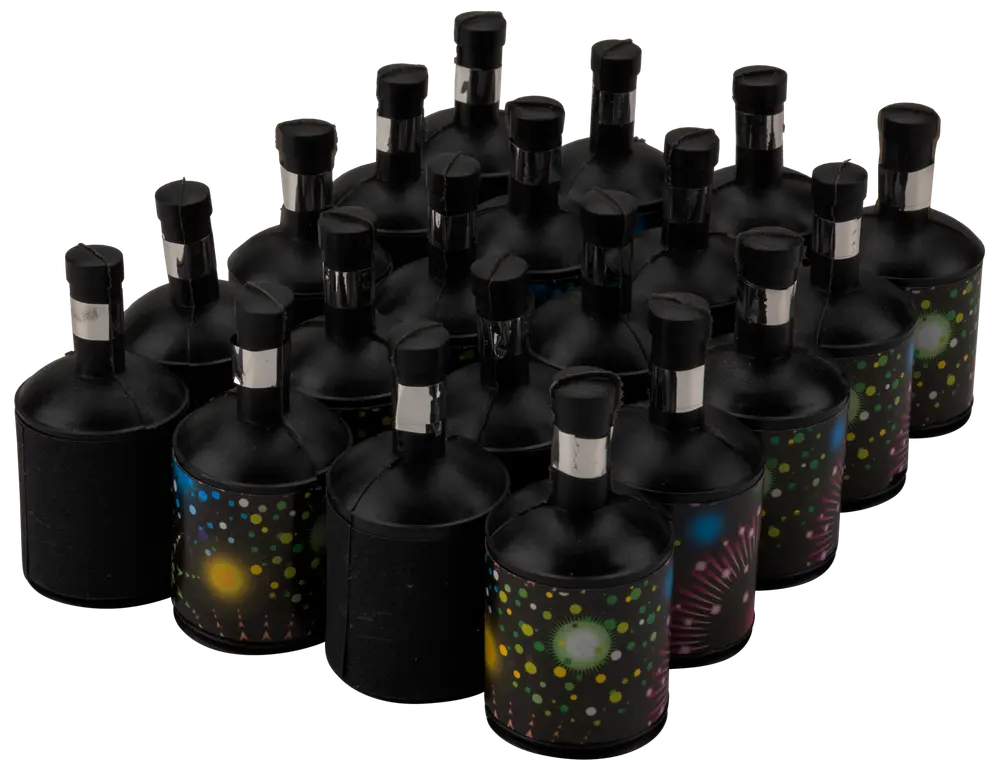 Förpackning med 20 svarta cylindriska partybomber med färgglada fyrverkerimönster, dragmekanism på toppen, engångsbruk, sprider konfetti vid aktivering, perfekt för festliga tillfällen.