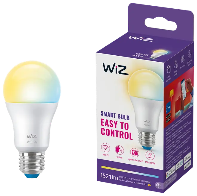 WiZ smart LED-pære med justerbart hvidt lys, E27 fatning, 1521 lumen. Kompatibel med Wi-Fi og stemmestyring. Æsken viser appstyring og produktfunktioner.