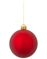 Rund röd julgranskula med matt yta, guldfärgad topp och hängande guldsnöre. Enkel, klassisk design för julgran eller dekoration.