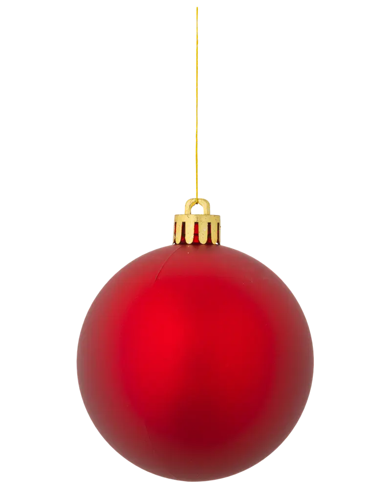 Rund röd julgranskula med matt yta, guldfärgad topp och hängande guldsnöre. Enkel, klassisk design för julgran eller dekoration.