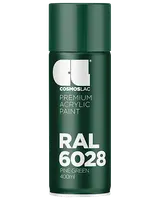 Cosmoslac premium akryl spraymaling, RAL 6028 Pine Green, 400 ml dåse. Mat finish, egnet til indendørs og udendørs brug på forskellige overflader. Nem aerosol påføring.
