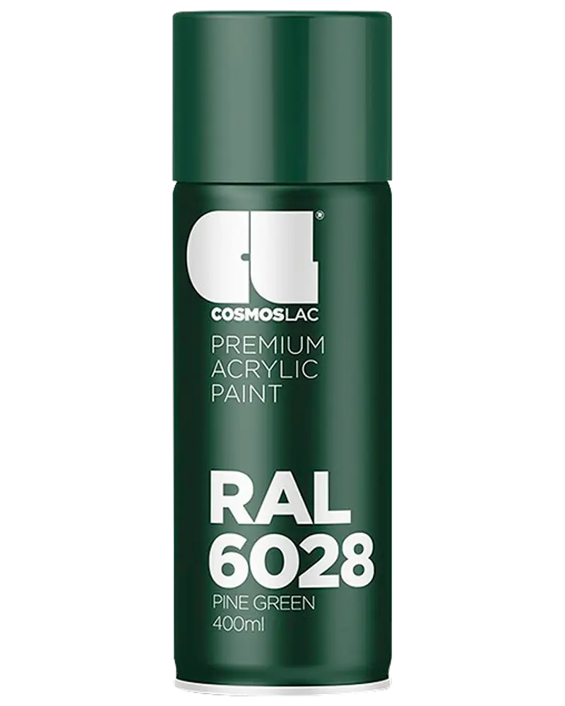 Cosmoslac premium akryl spraymaling, RAL 6028 Pine Green, 400 ml dåse. Mat finish, egnet til indendørs og udendørs brug på forskellige overflader. Nem aerosol påføring.