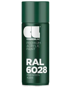 Cosmoslac premium akryl spraymaling, RAL 6028 Pine Green, 400 ml dåse. Mat finish, egnet til indendørs og udendørs brug på forskellige overflader. Nem aerosol påføring.