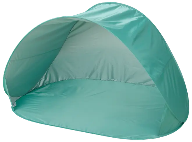 Ljusblått pop-up strandtält med öppen framsida, rundad form och golvmatta. Tillverkat av lätt tyg, ger solskydd och är enkelt att sätta upp.