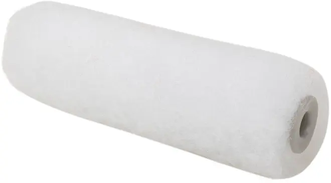 Hvid malerrulle-refill med glat, cylindrisk skumoverflade og hul kerne til montering på rulleskaft. Velegnet til jævn maling på flade overflader.