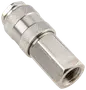 Metal hurtigkobling med riflede greb, sekskantet møtrik og indvendig gevind. Robust og holdbar, ideel til pneumatisk eller hydraulisk brug. Sølvfarvet finish, industriel kvalitet.