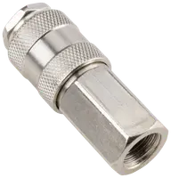Metal hurtigkobling med riflede greb, sekskantet møtrik og indvendig gevind. Robust og holdbar, ideel til pneumatisk eller hydraulisk brug. Sølvfarvet finish, industriel kvalitet.