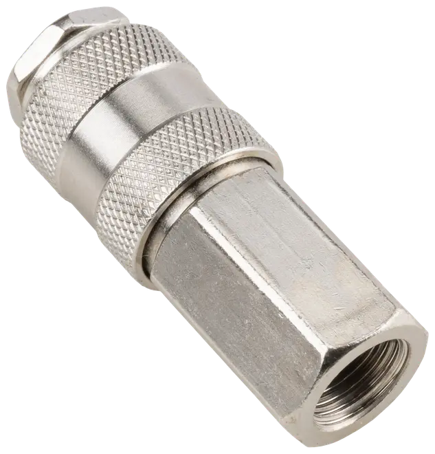 Metal hurtigkobling med riflede greb, sekskantet møtrik og indvendig gevind. Robust og holdbar, ideel til pneumatisk eller hydraulisk brug. Sølvfarvet finish, industriel kvalitet.