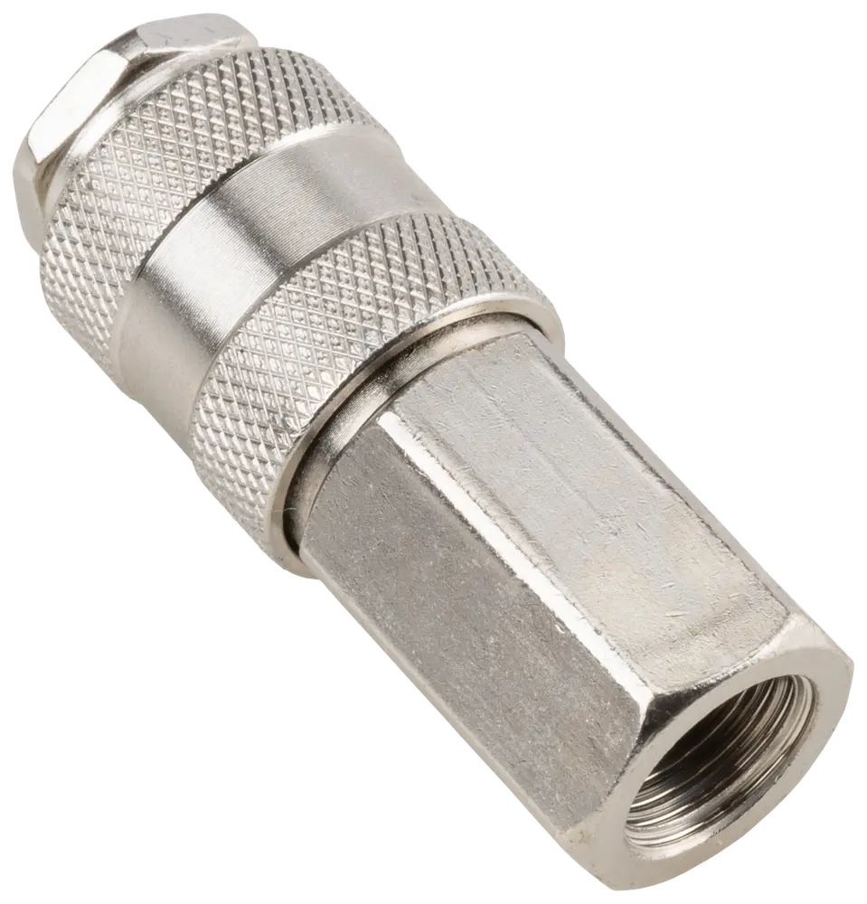 Metal hurtigkobling med riflede greb, sekskantet møtrik og indvendig gevind. Robust og holdbar, ideel til pneumatisk eller hydraulisk brug. Sølvfarvet finish, industriel kvalitet.