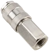Metall snabbkoppling med räfflat grepp, sexkantig mutter och invändig gänga. Silverfärgad, hållbar konstruktion, passar för industriell pneumatisk eller hydraulisk användning.