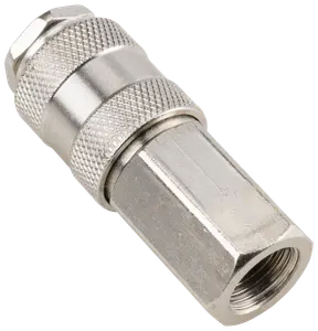 Metal hurtigkobling med riflede greb, sekskantet møtrik og indvendig gevind. Robust og holdbar, ideel til pneumatisk eller hydraulisk brug. Sølvfarvet finish, industriel kvalitet.